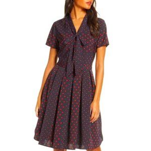 1901 Navy Red Polka Dot Bow Neck Dress